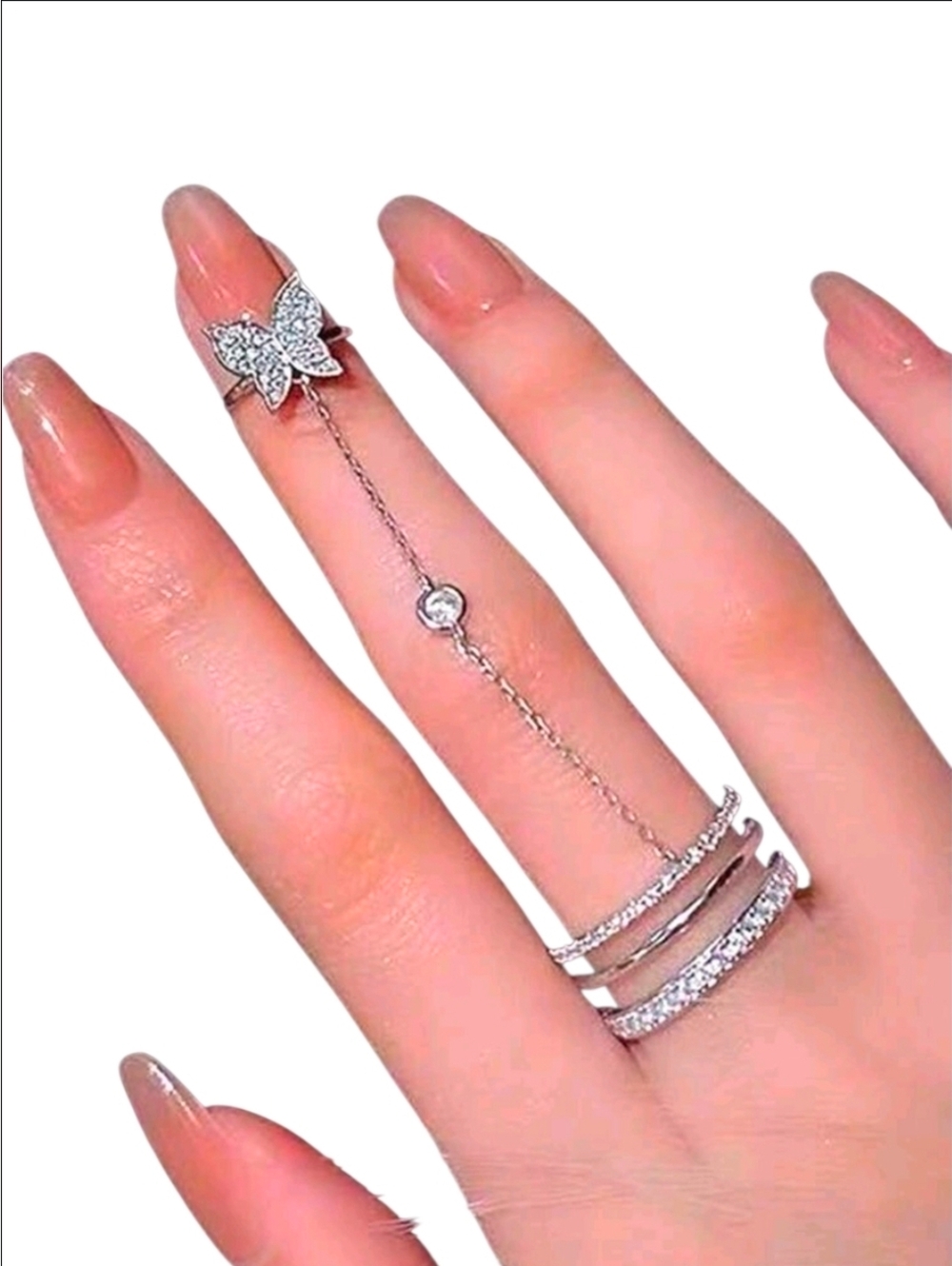 Elegant Silver Butterfly Chain Ring